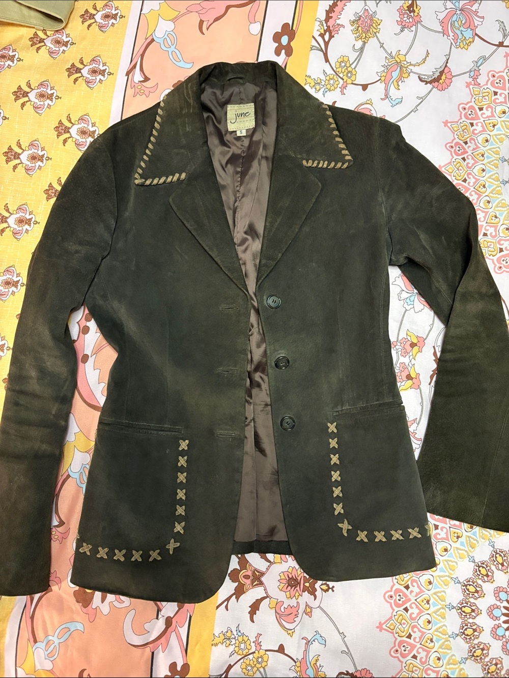 Suede Dark Brown Blazer with Contrast Stitching.